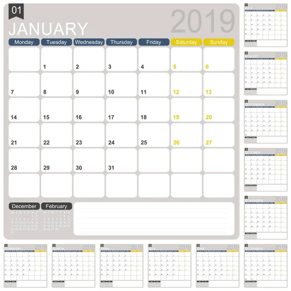 英文日历模板2019年 集12月 周始于星期一 可打印日历模板 日历规划器 2019 矢量插图 图库矢量图片