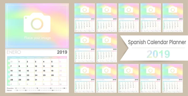 Испанский Календарь 2019 Год Неделя Начинается Понедельник Набор Месяцев Январь Лицензионные Стоковые Иллюстрации