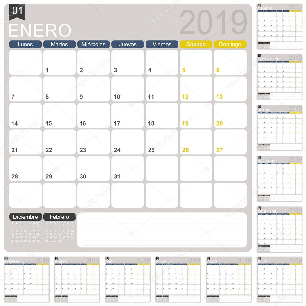 Spanish calendar template for year 2019, set of 12 months, week starts on Monday, printable calendar template, calendar planner 2019, vector illustration