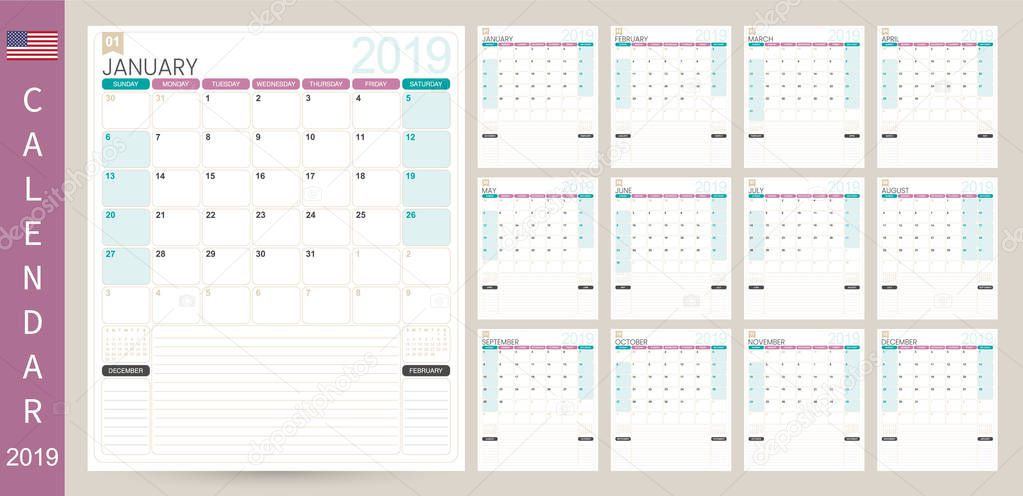 English calendar planner 2019, week starts on Sunday, set of 12 months January - December, simple calendar template, set desk calendar template, vector illustration