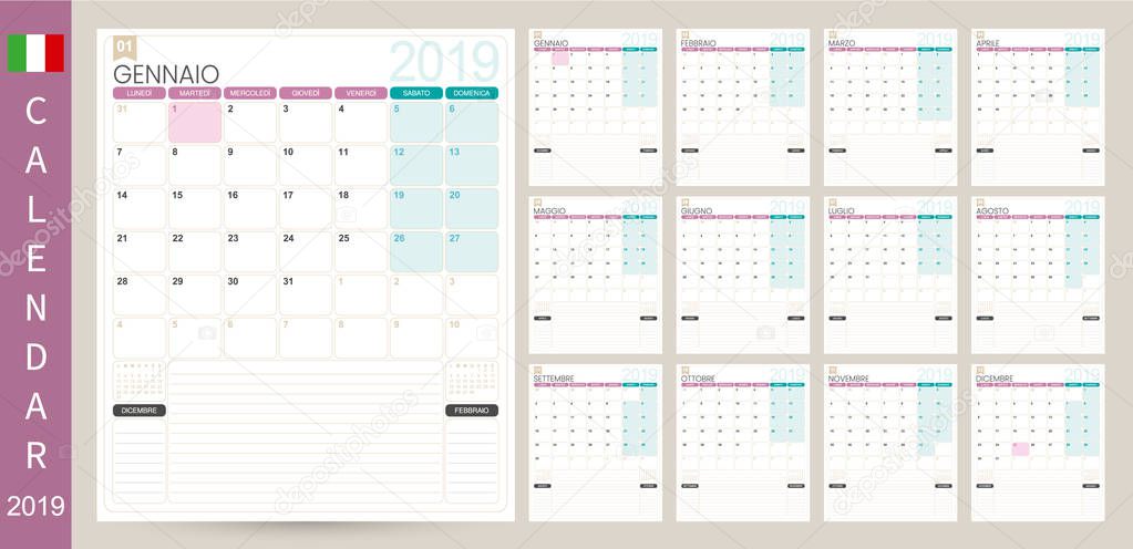 Italian calendar planner 2019, week starts on Monday, set of 12 months January - December, simple calendar template, set desk calendar template, vector illustration