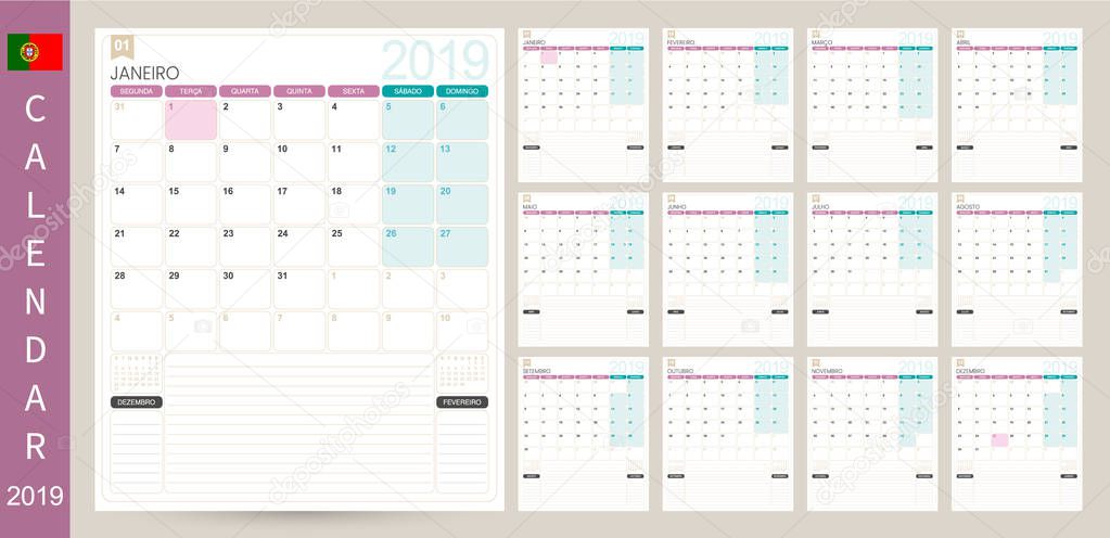 Portuguese calendar planner 2019, week starts on Monday, set of 12 months January - December, simple calendar template, set desk calendar template, vector illustration