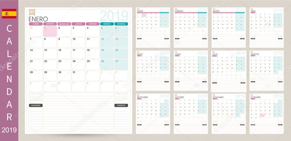 Spanish calendar planner 2019, week starts on Monday, set of 12 months January - December, simple calendar template, set desk calendar template, vector illustration