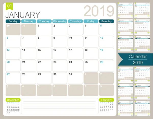 English Calendar Planner 2019 Săptămâna Începe Duminică Set Luni Ianuarie — Vector de stoc
