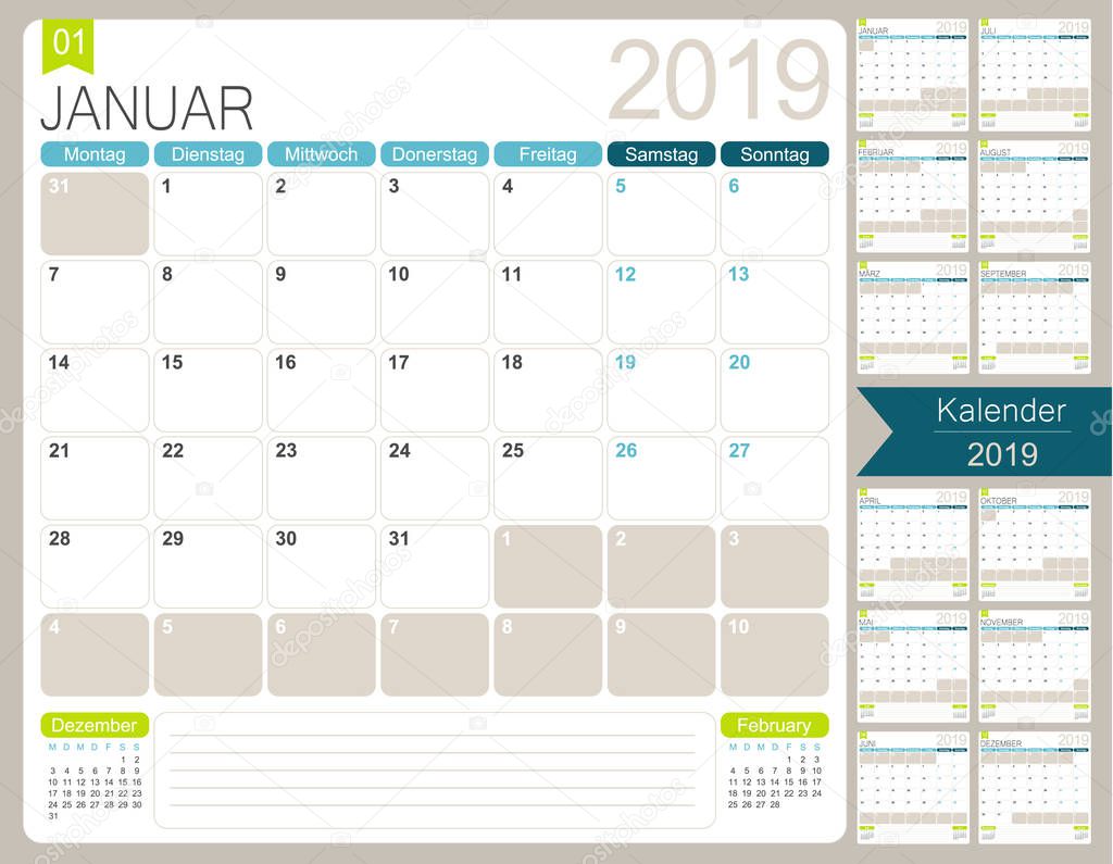 German calendar planner 2019, week starts on Monday, set of 12 months January - December, simple calendar template, desk planning calendar, vector illustration
