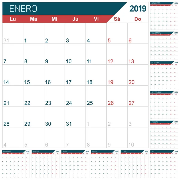 Spanish Calendar Template Year 2019 Set Months January December Week — Stock Vector