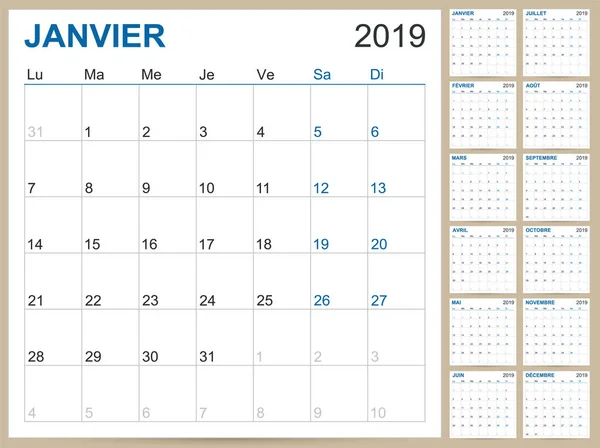 Calendario Planificación Francés 2019 Plantilla Calendario Francés Para Año 2019 — Archivo Imágenes Vectoriales