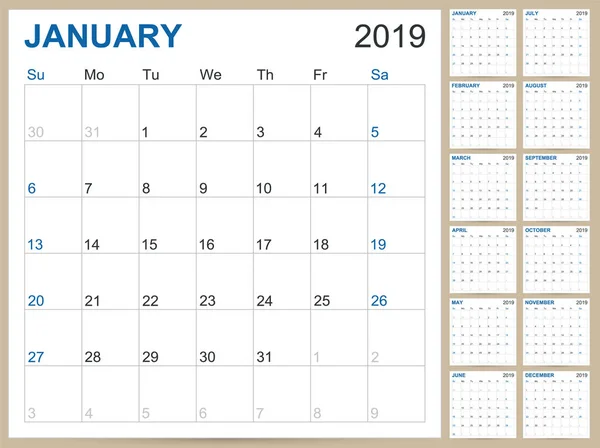 Calendario Planificación Inglés 2019 Plantilla Calendario Inglés Para Año 2019 — Archivo Imágenes Vectoriales