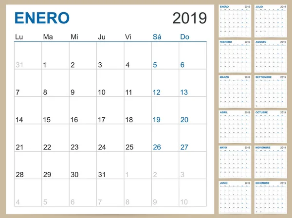 Spanish Planning Calendar 2019 Spanish Calendar Template Year 2019 Set — Stock Vector