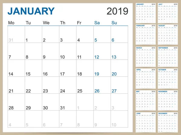 Calendario Planificación Inglés 2019 Plantilla Calendario Inglés Para Año 2019 — Archivo Imágenes Vectoriales