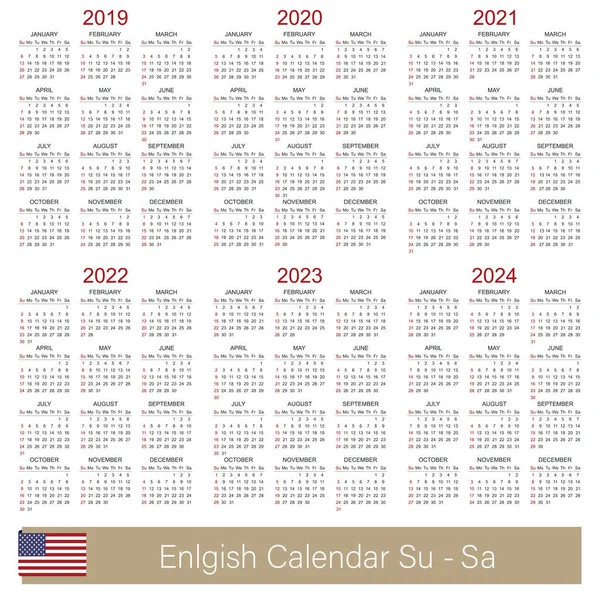 英文日历 2019 2024 周开始于星期日 简单的日历模板 2019 2020 2021 2022 2023 矢量图形