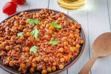 Chili con carne domuz etli nohut ile. Meksika veya Texas geleneksel gıda