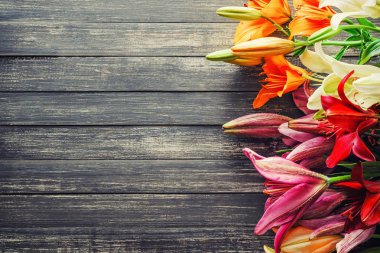 eski ahşap tahta, kopya alanı ile arka plan üzerinde renkli lilyum