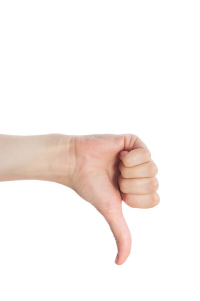 Женская рука показывает большой палец вниз жест на белом фоне изолировать
