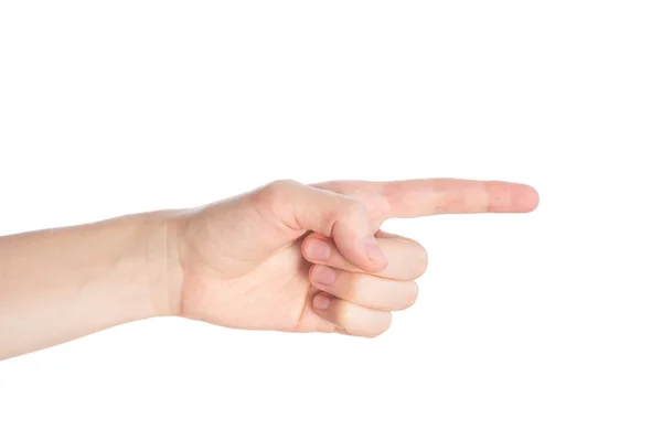 Señalando el gesto. La mano femenina muestra el dedo índice sobre un fondo blanco aislado — Foto de Stock