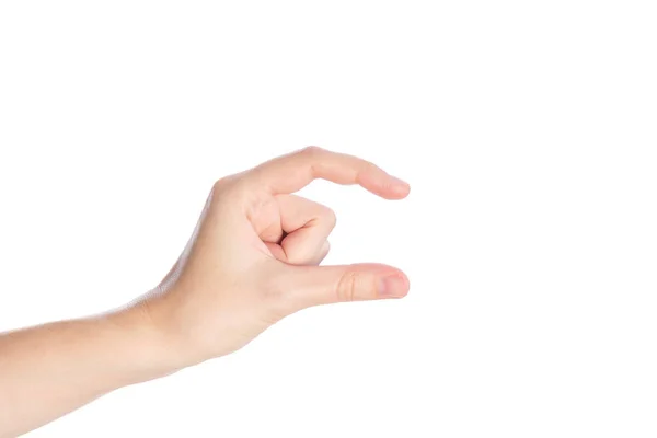 Mujer mano mostrando gesto de tamaño aislado sobre un fondo blanco — Foto de Stock