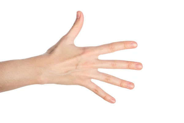 Ręka kobieta pokazuje numer pięć gest na białym tle na białym tle — Zdjęcie stockowe