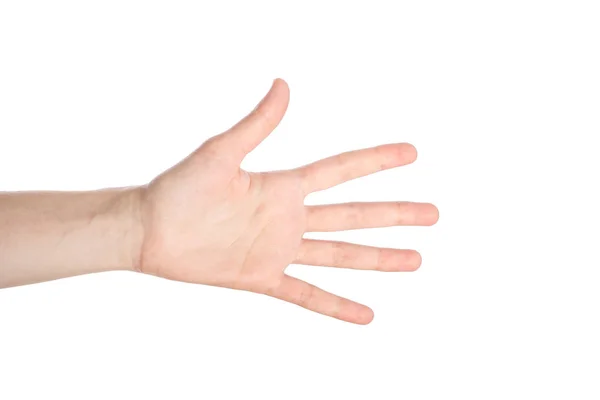 Mujer mano muestra número cinco gesto aislado sobre un fondo blanco — Foto de Stock