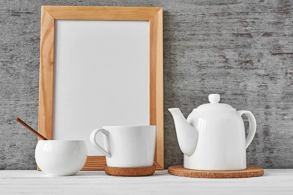 Taza de té, tetera, tazón de azúcar, maqueta — Foto de Stock