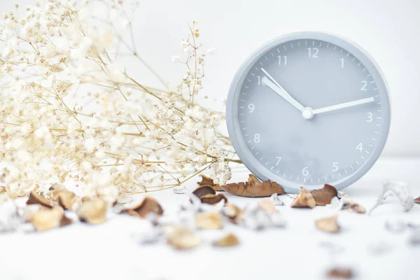 Classic alarm clock, flower branch and petals on a white table. — Stock Photo, Image