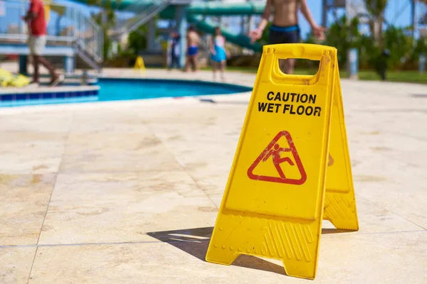 Yellow Wet Floor Caution Sign Summer Day Close — Stock Photo, Image