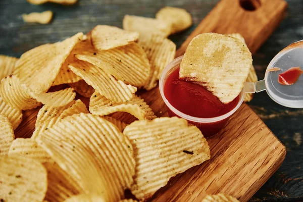 Batatas Fritas Molho Mesa Vista Superior — Fotografia de Stock