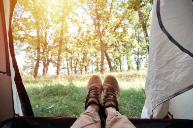 Güneşli bir sabahta ormanın üzerinde kamp çadırı.