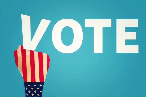 アメリカ合衆国大統領選挙の日の概念 旗色の拳と青の背景の碑文の投票 — ストック写真