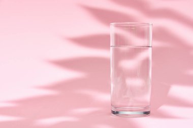Pembe arka planda bir bardak su ve yaprak gölgesi
