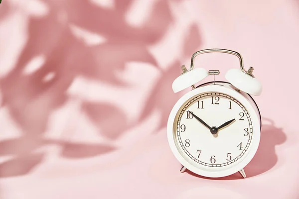 Relógio Alarme Branco Deixa Sombras Fundo Rosa Pastel Conceito Tempo — Fotografia de Stock
