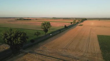 Kırsal yolda gün batımında tarlalarla çevrili araba görüntüsü. Kırsal alan kavramı, seyahat ve kırsal alan