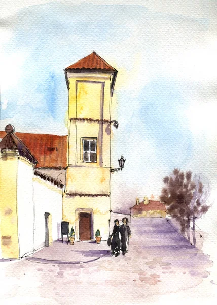 Watercolor sketch of city street — Stock Photo, Image