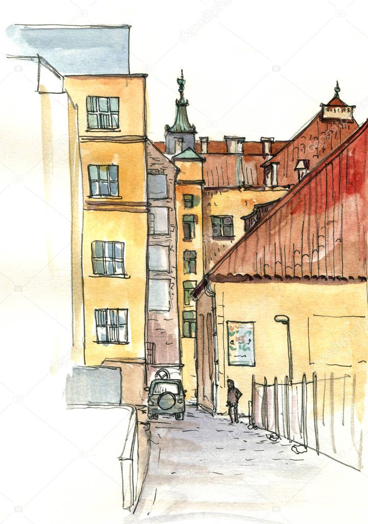 watercolor sketch of courtyard