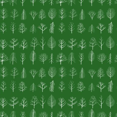 yeşil arka plan, elle çizilmiş doğal süs doodle ağaçları ile sorunsuz desenler vektör