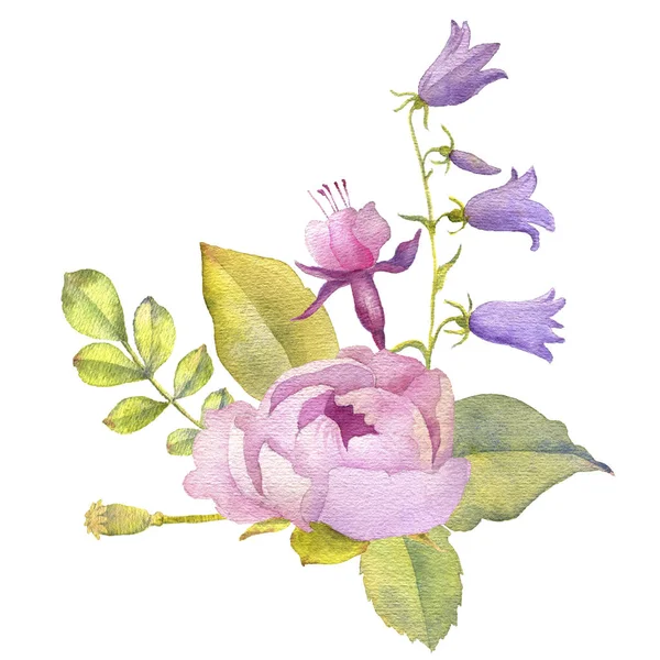 Aquarela Desenho Composição Floral Com Flores Folhas Ilustração Botânica Pintada — Fotografia de Stock