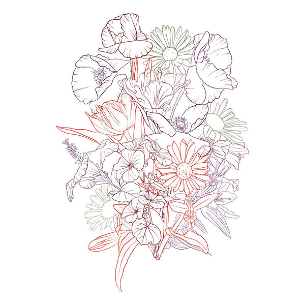 vector drawing bouquet of flowers, floral composition, hand drawn illustration