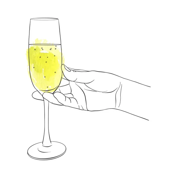 グラス シャンパン 白背景の線画分離記号の手します — ストックベクタ