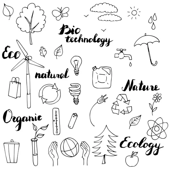 Ecología vector doodle conjunto — Vector de stock