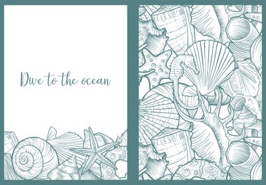 Deniz kabuklarını, elle çizilmiş illüstrasyon, davet ya da hediye için deniz arka plan ile vektör şablonları kümesi kartı, kapak tasarımı, afişi