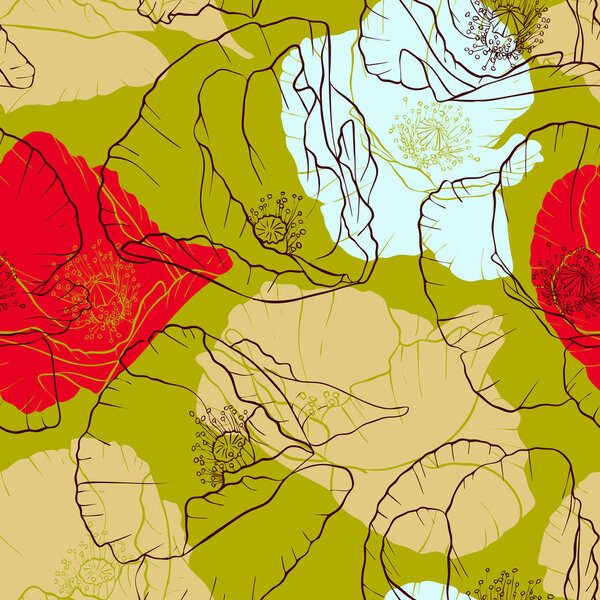 vector seamless pattern with drawing poppy flowers