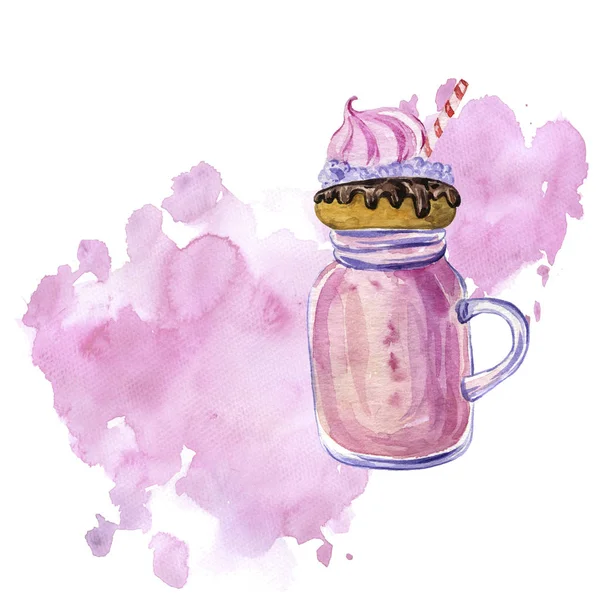 Watercolor milkshake with donut — Stock Photo, Image