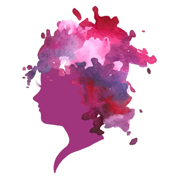 Perfil Silueta Vectorial Una Mujer Con Pelo Acuarela Fondo Blanco — Vector de stock