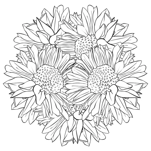 ベクトル描画花 装飾的なロゼット ラウンド テンプレート 隔離された花の要素 手の描かれたボタニカル イラスト デザイン — ストックベクタ