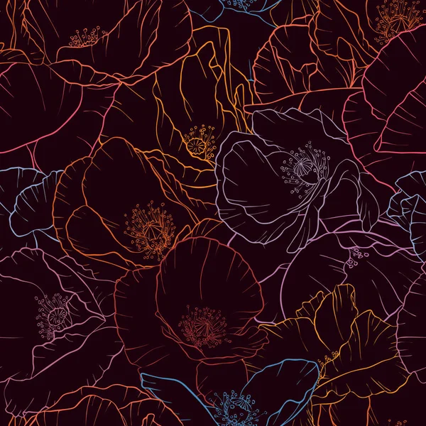 矢量无缝图案与绘制罂粟花 花卉组成 手绘插图 — 图库矢量图片