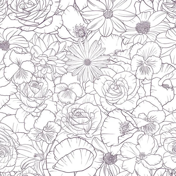 Patrón sin costura vectorial con flores de dibujo — Archivo Imágenes Vectoriales