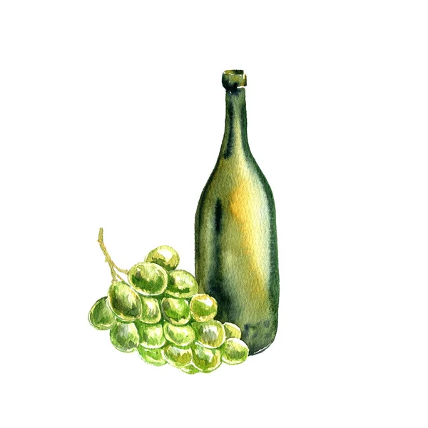 Μπουκάλι λευκό κρασί και το σχέδιο σταφυλιών σε ακουαρέλα — Φωτογραφία Αρχείου