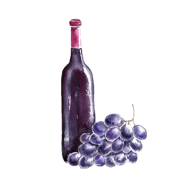 Garrafa de vinho tinto e desenho de uva em aquarela — Fotografia de Stock