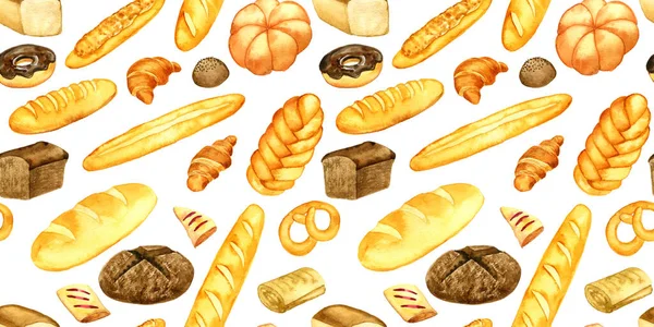 Disegno ad acquerello modello senza soluzione di continuità con pane e panetteria — Foto Stock