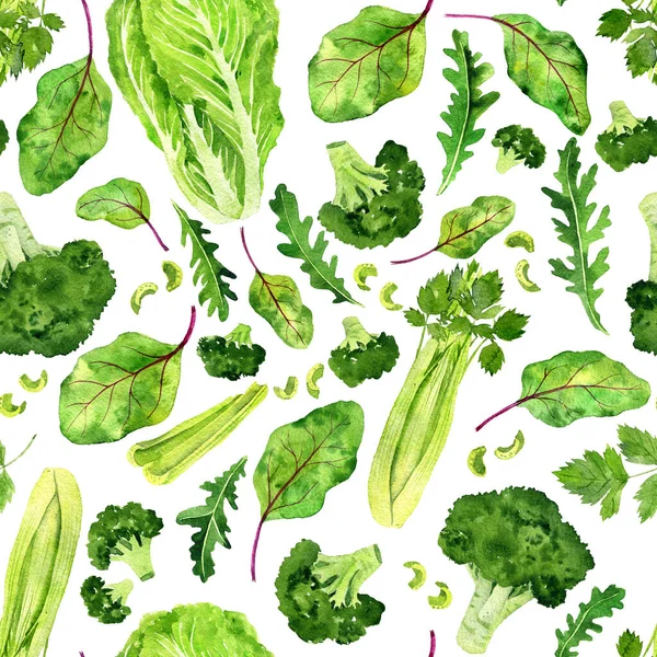 Watercolor drawing green vegan seamless pattern — Stock Photo, Image