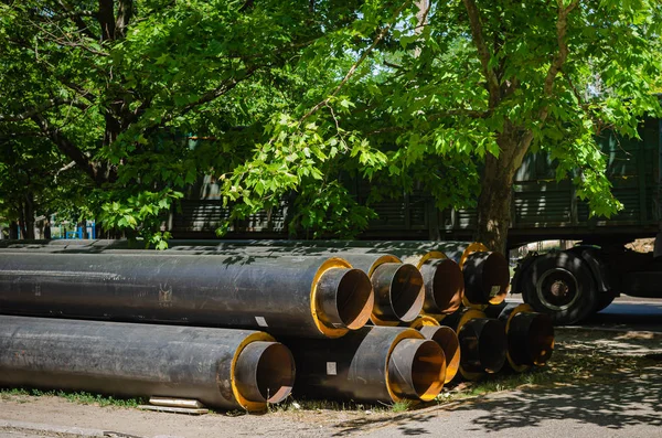 Tubos Para Abastecimento Água Grande Diâmetro Perto Canteiro Obras Substituir — Fotografia de Stock